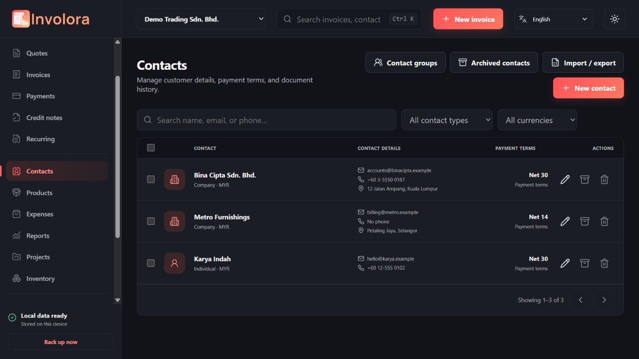 Involora contact list with customer details, currency filters and record actions