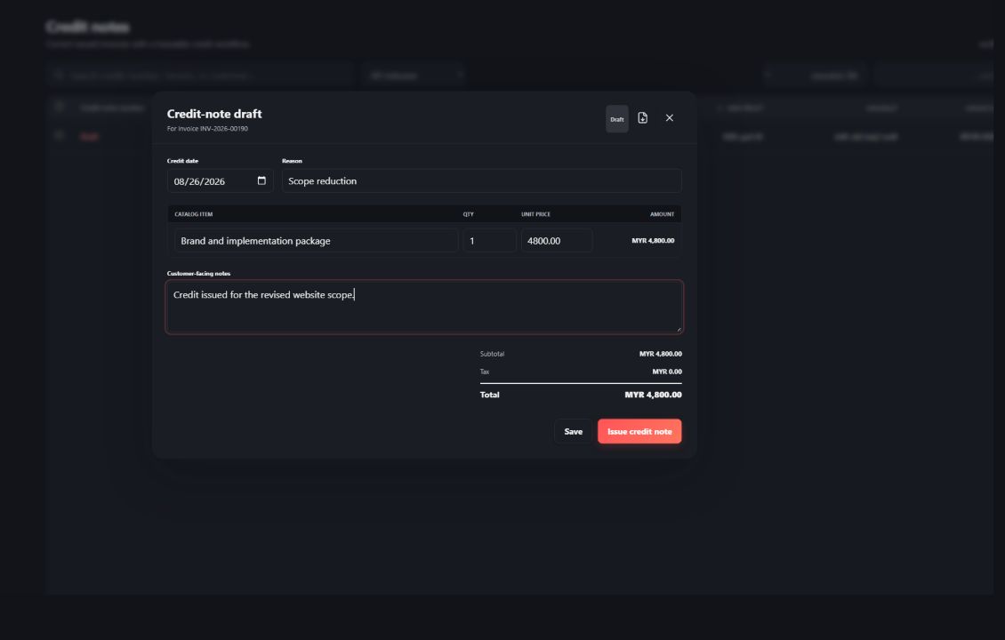 Involora credit note draft linked to an invoice with reason, line details and available credit