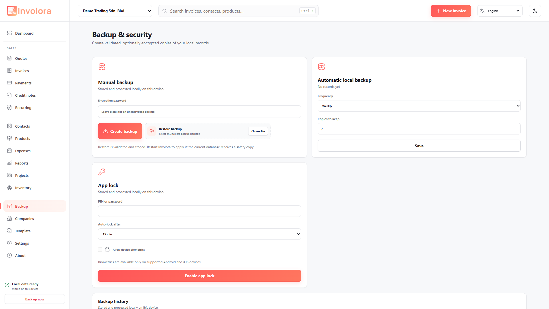 Involora Backup & security screen. Create backups, configure schedules and protect app access.