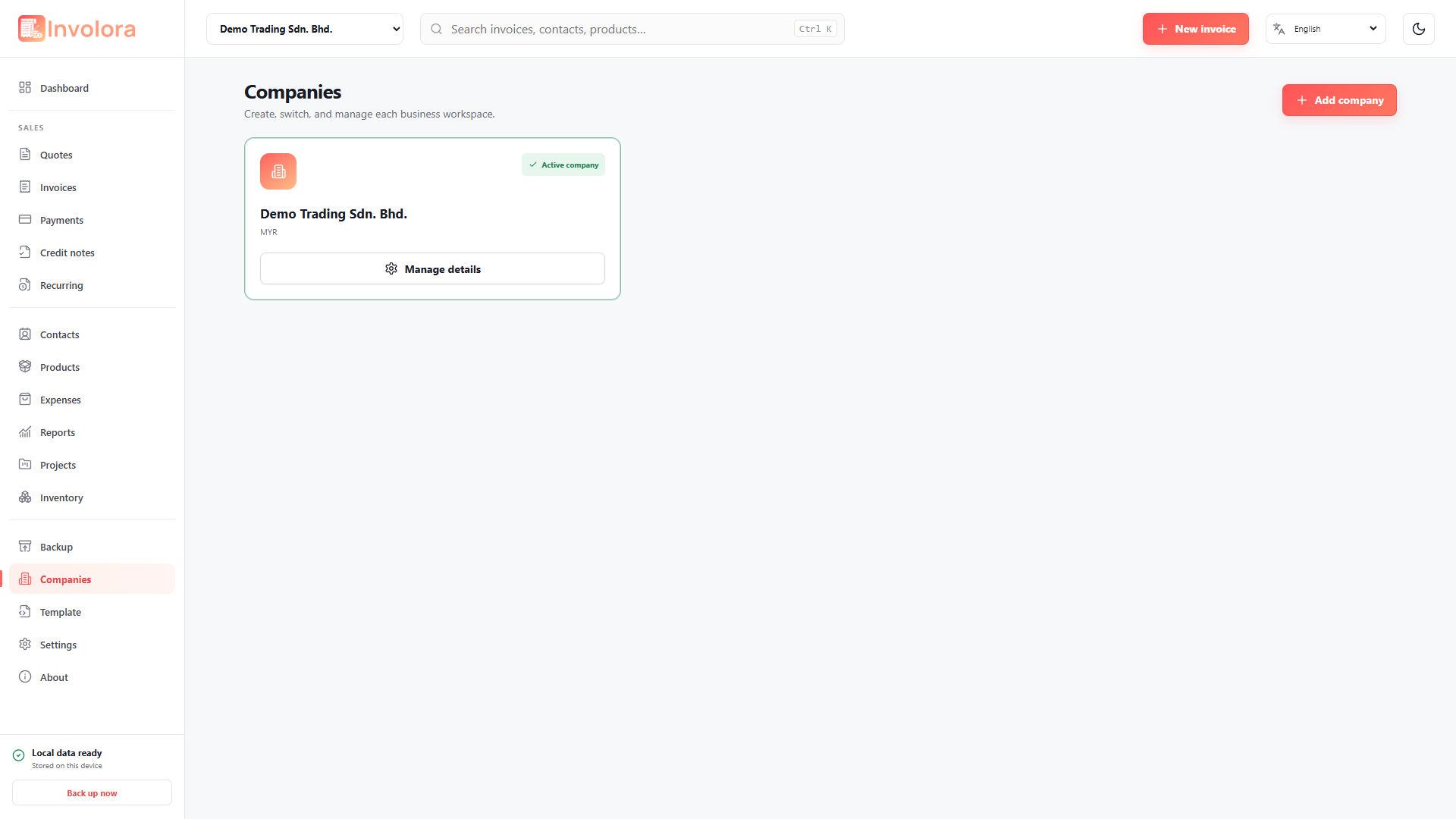 Involora Companies screen. Switch company profiles and manage business identities.