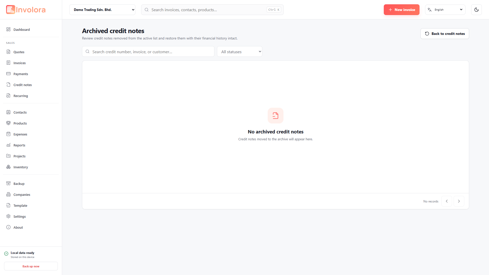 Involora Credit-note archive screen. Review and restore archived credit notes.