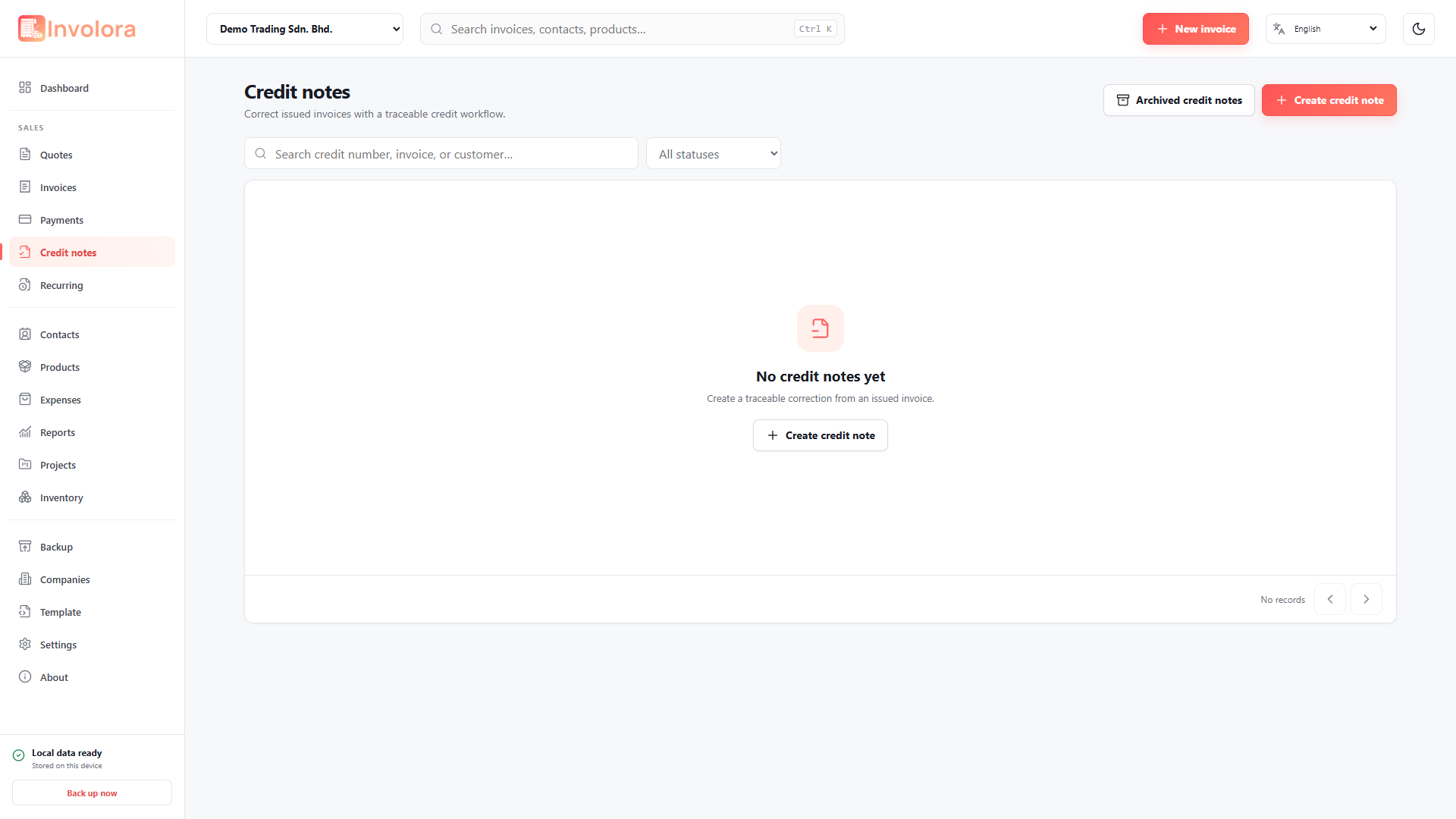 Involora Credit notes screen. Issue credits, apply available value and record refunds.