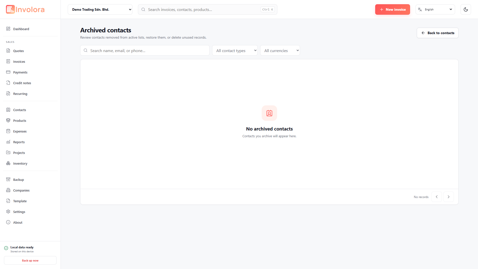 Involora Contact archive screen. Review and restore archived contacts.