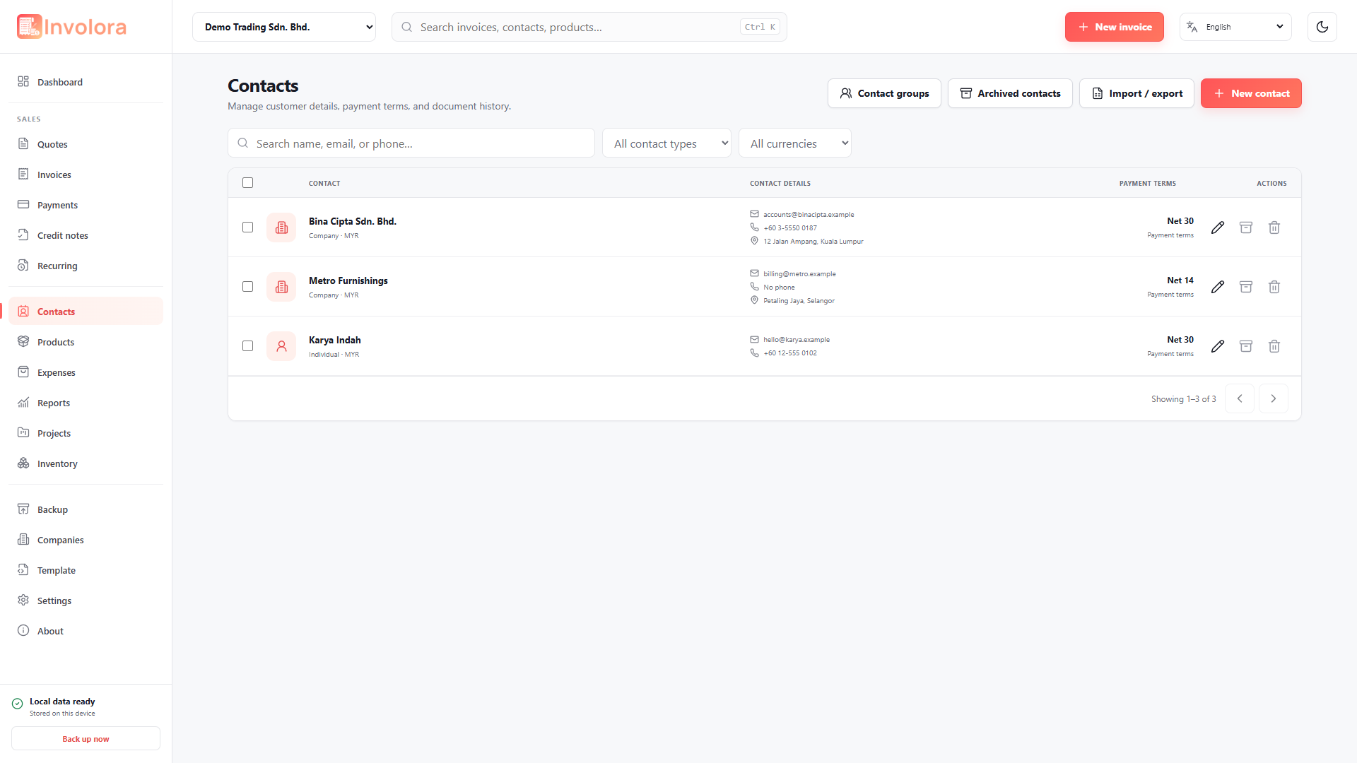 Involora Contacts screen. Organise customer details, currencies and groups.