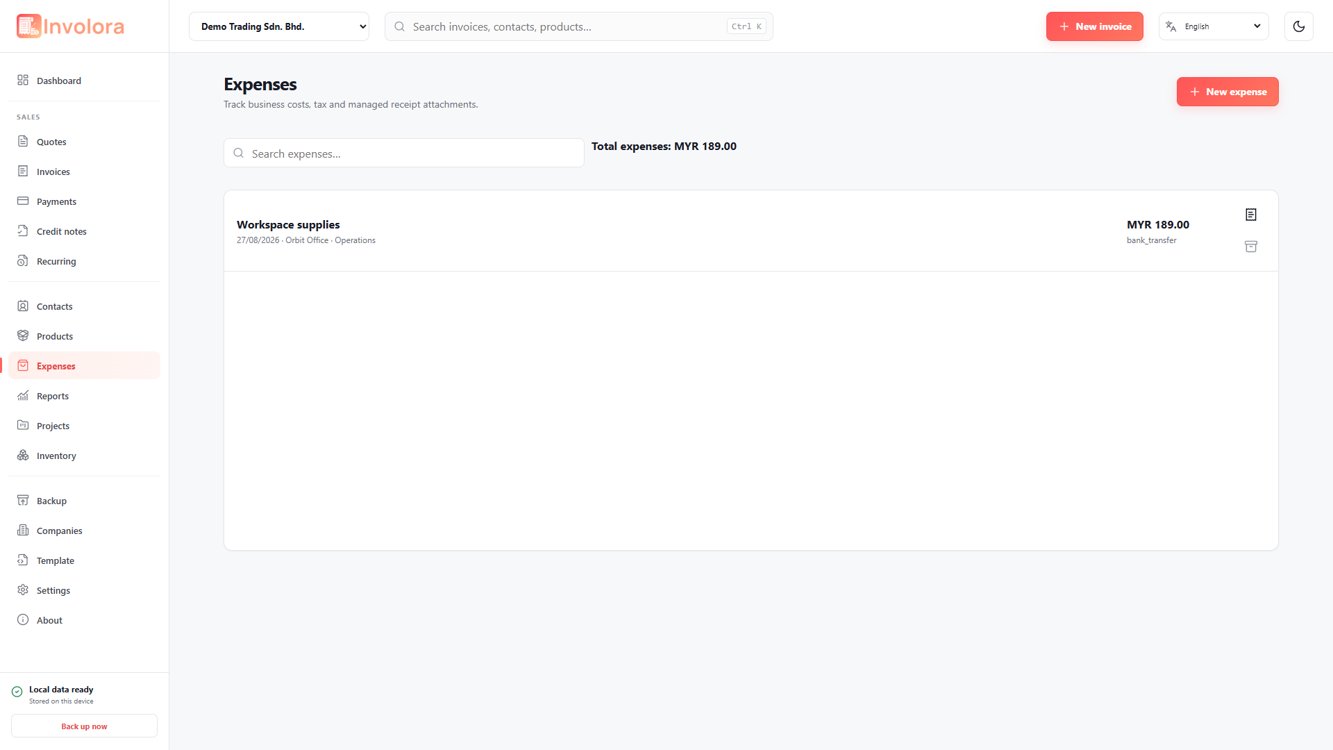 Involora Expenses screen. Track vendors, categories, billable costs and attachments.