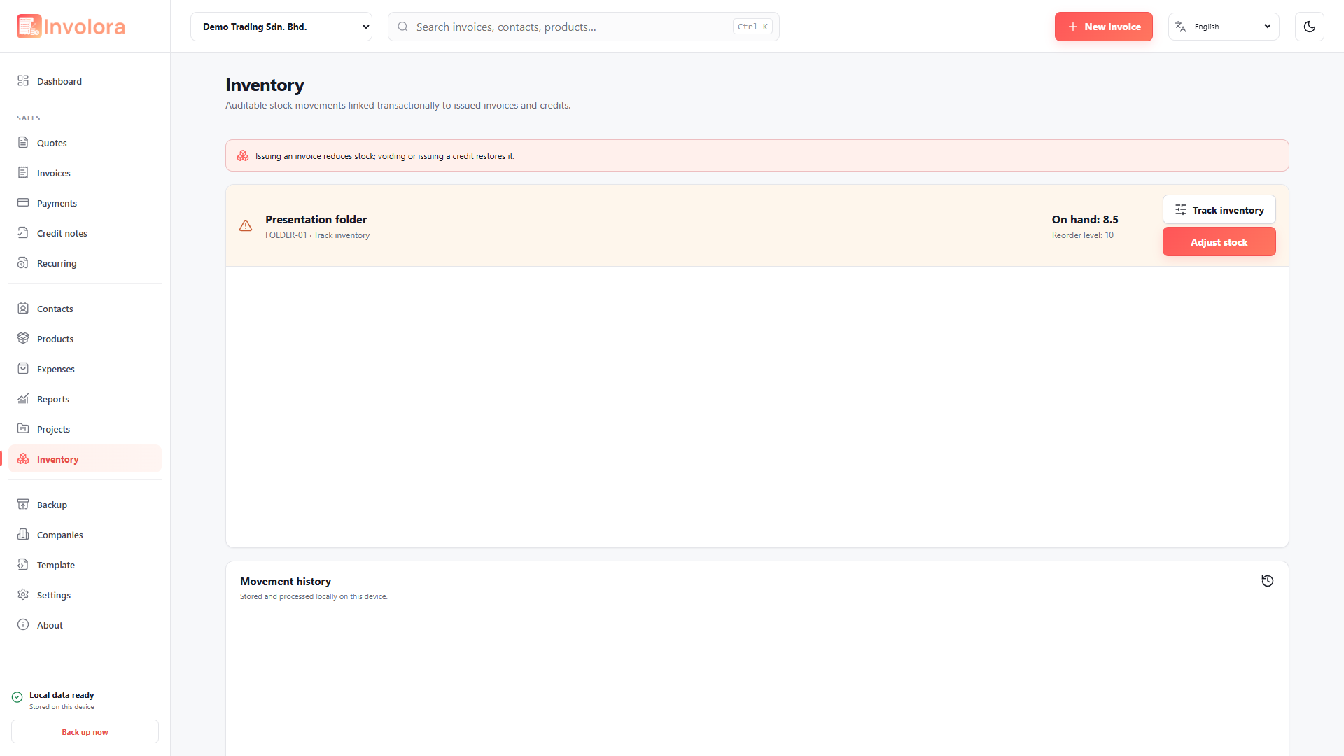 Involora Inventory screen. Review quantities, reorder levels and movement history.