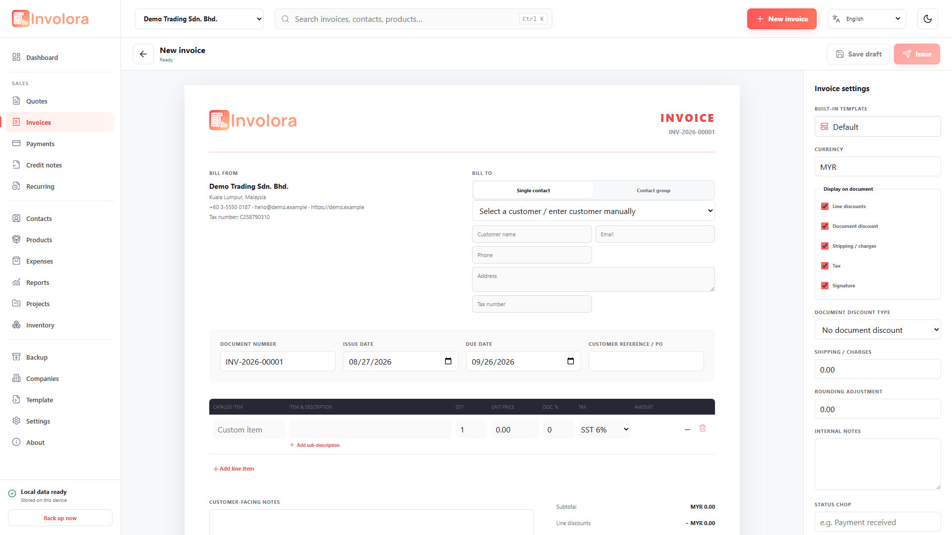 Involora Invoice editor screen. Compose line items, totals, customer details and document settings.
