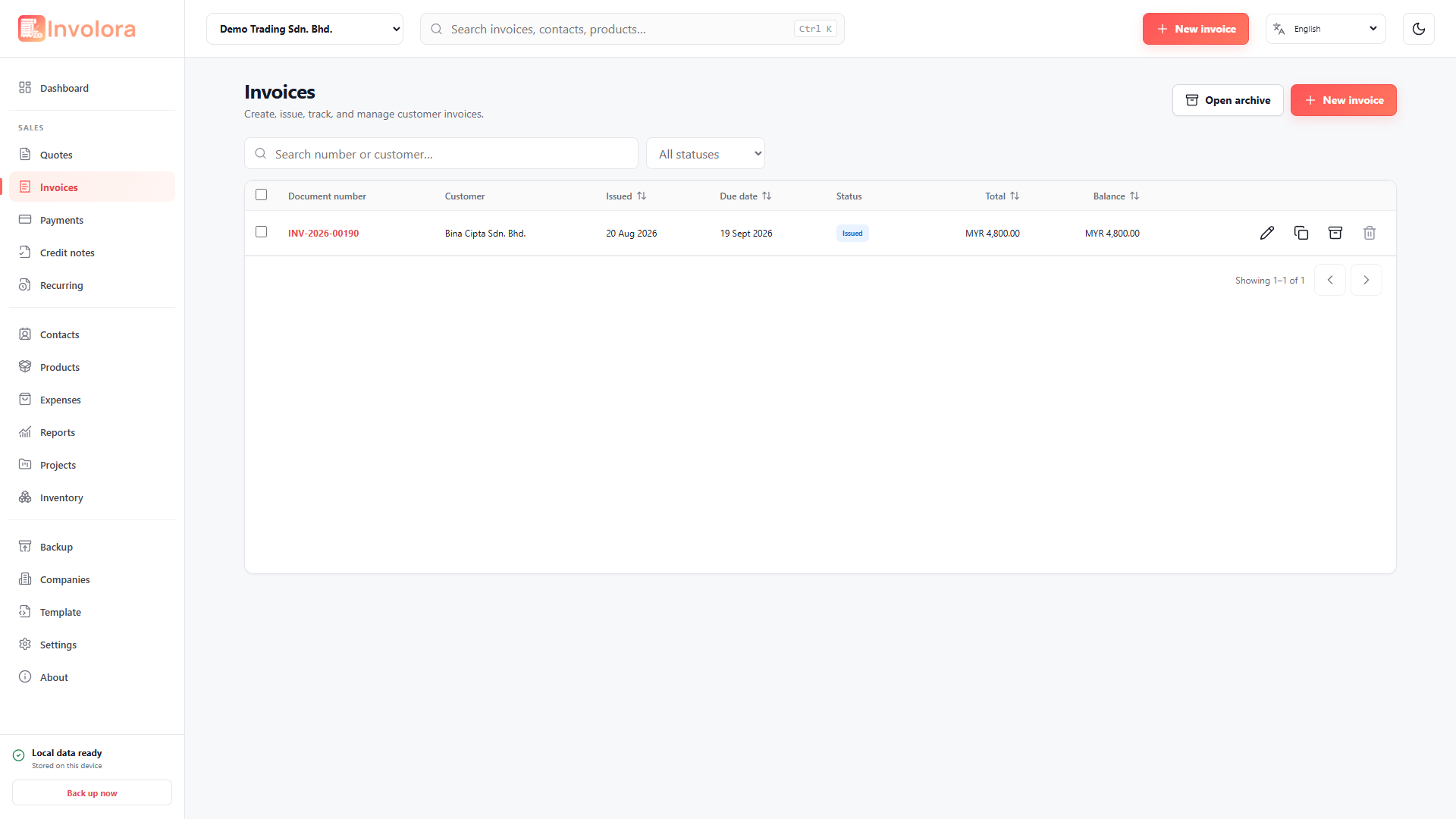 Involora Invoices screen. Search, sort and manage issued invoices and balances.