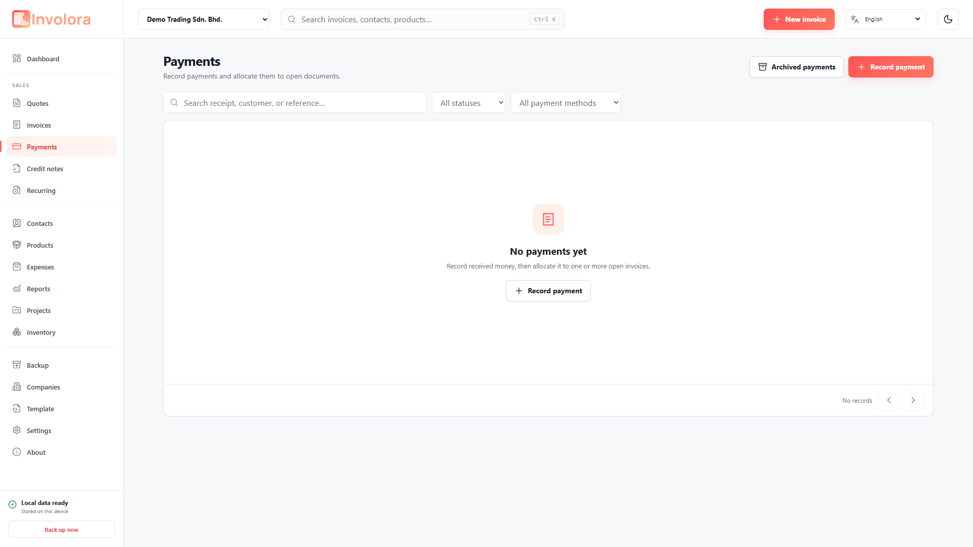 Involora Payments screen. Record payments, allocations, methods and receipt activity.
