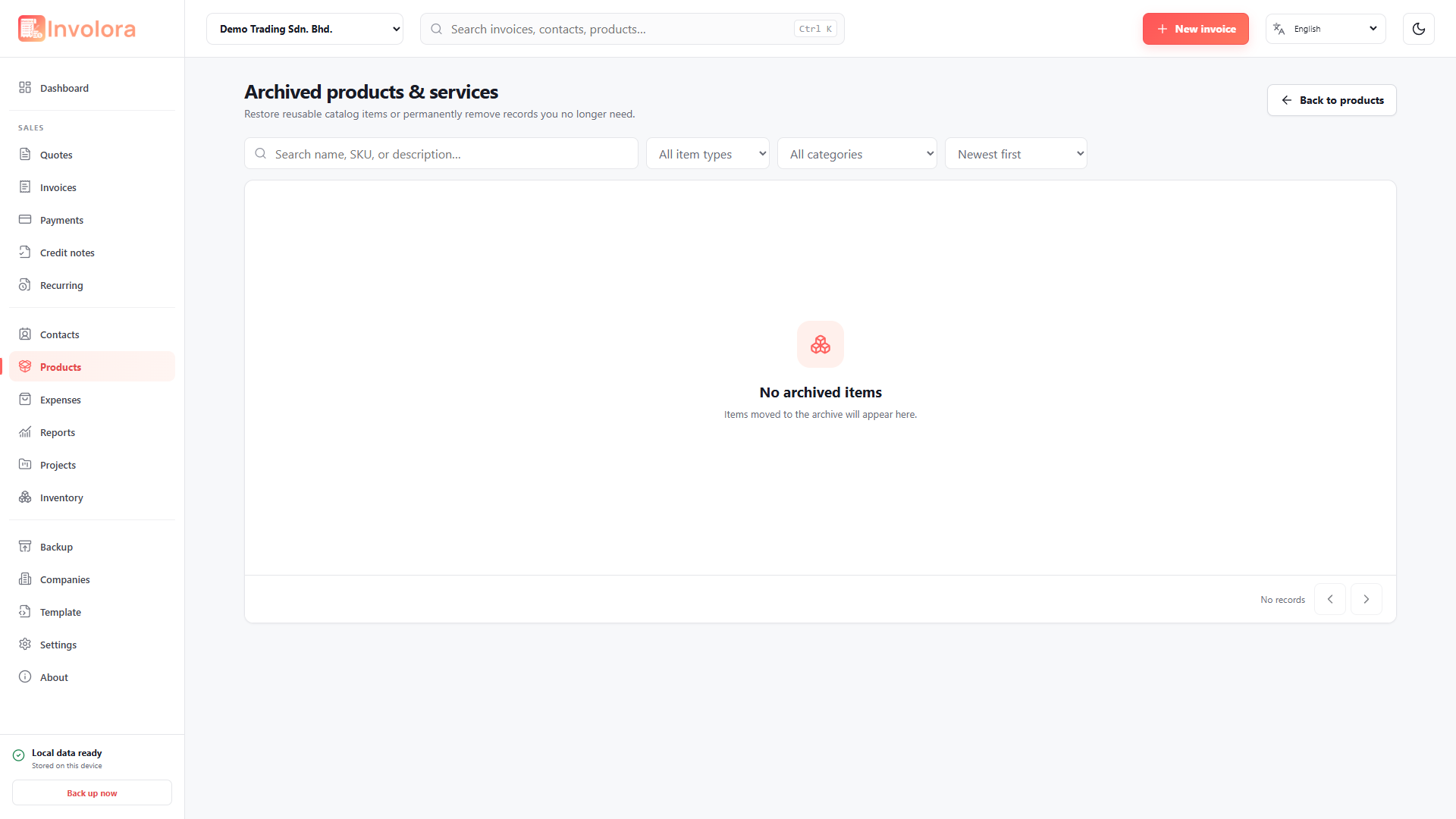 Involora Product archive screen. Review and restore archived catalog items.