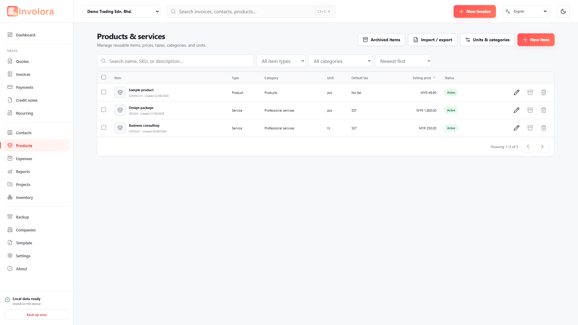 Involora Products & services screen. Maintain catalog details, pricing, tax and images.