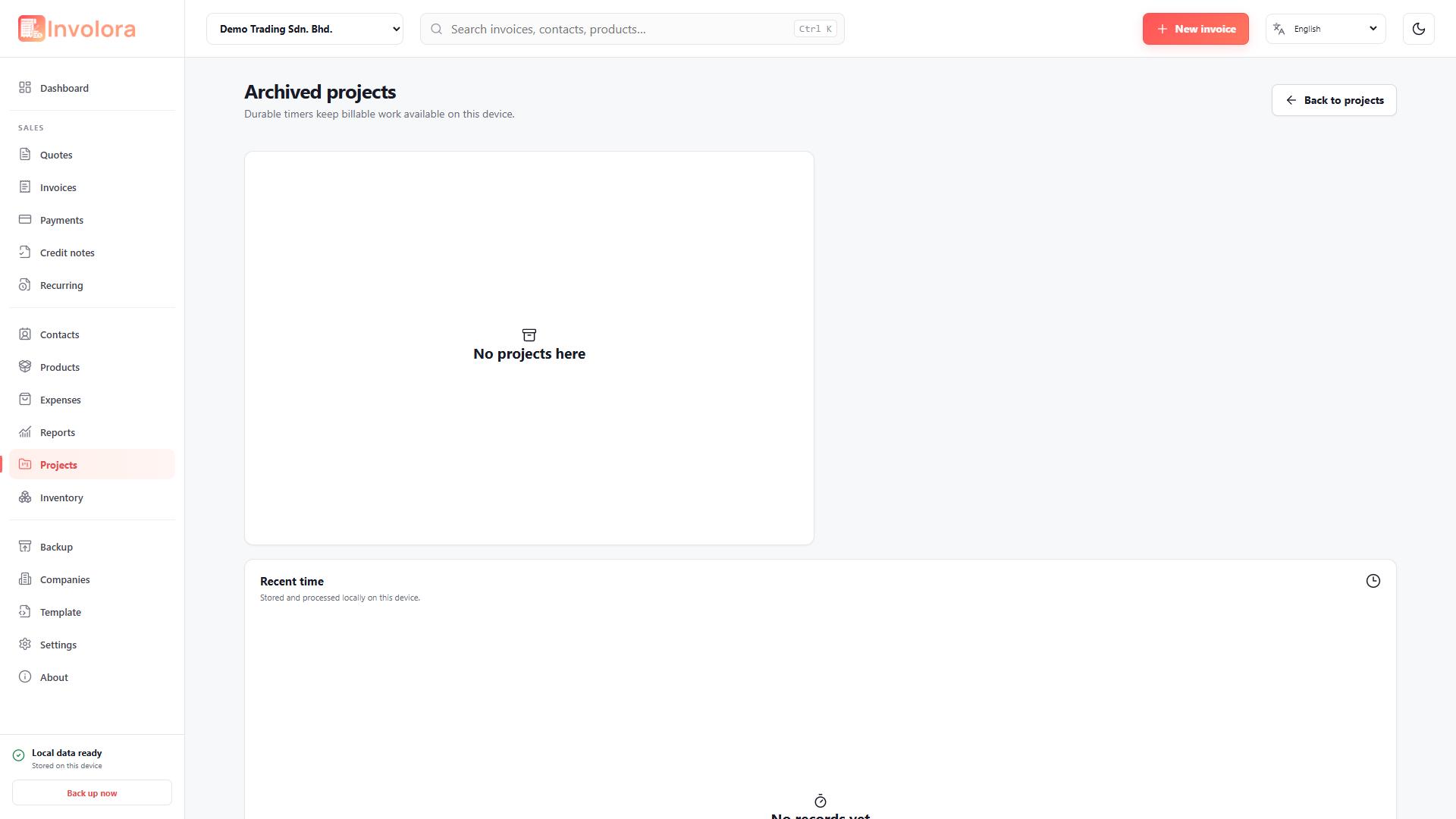 Involora Project archive screen. Review completed or archived projects and restore them.