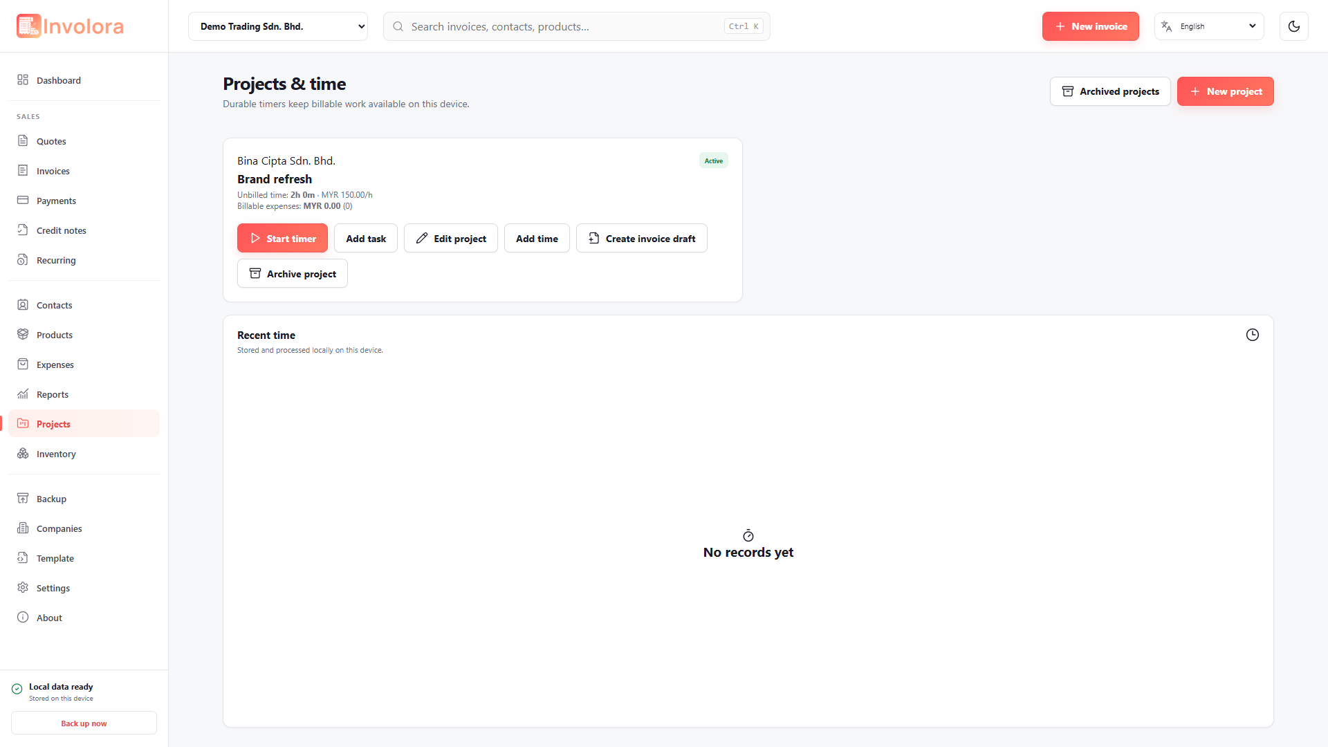 Involora Projects & time screen. Manage projects, tasks, timers and billable work.