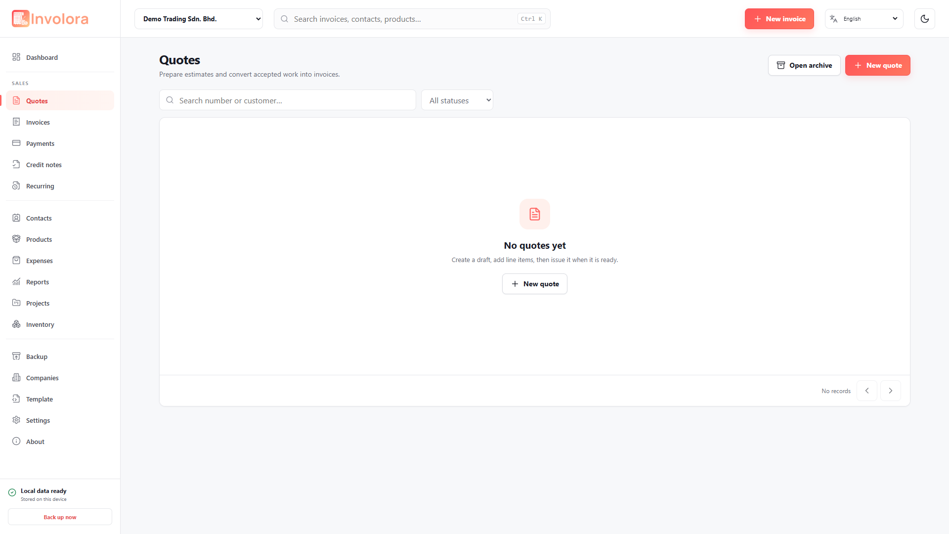 Involora Quotes screen. Create, issue and manage customer quotations.