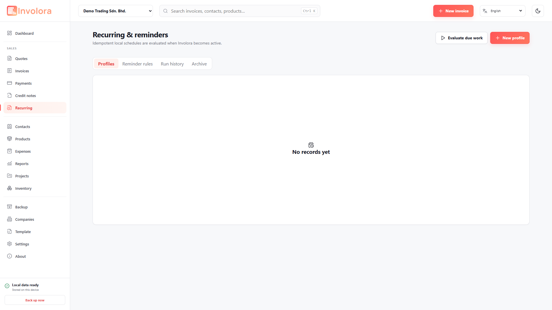 Involora Recurring & reminders screen. Manage recurring profiles, future runs and reminder rules.