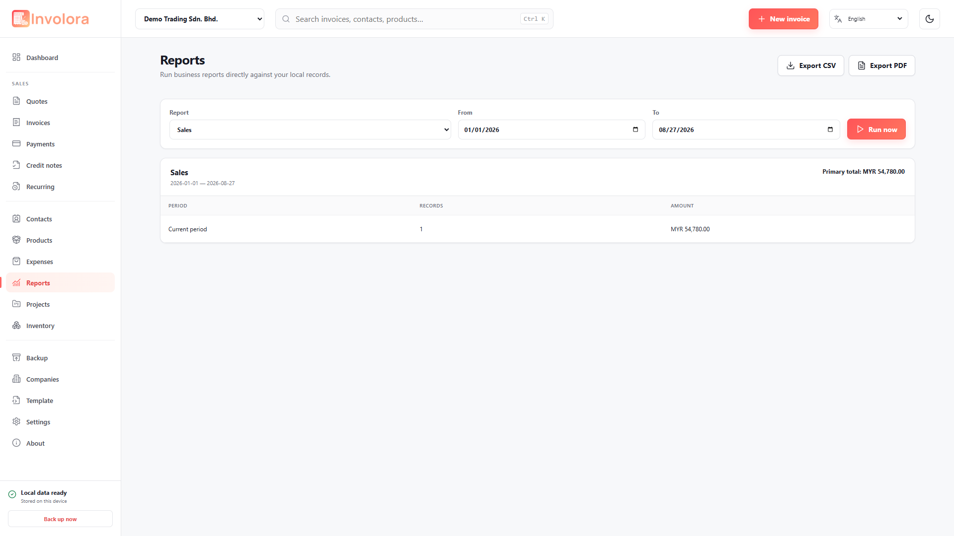 Involora Reports screen. Explore sales, payments, tax, expenses and performance reports.