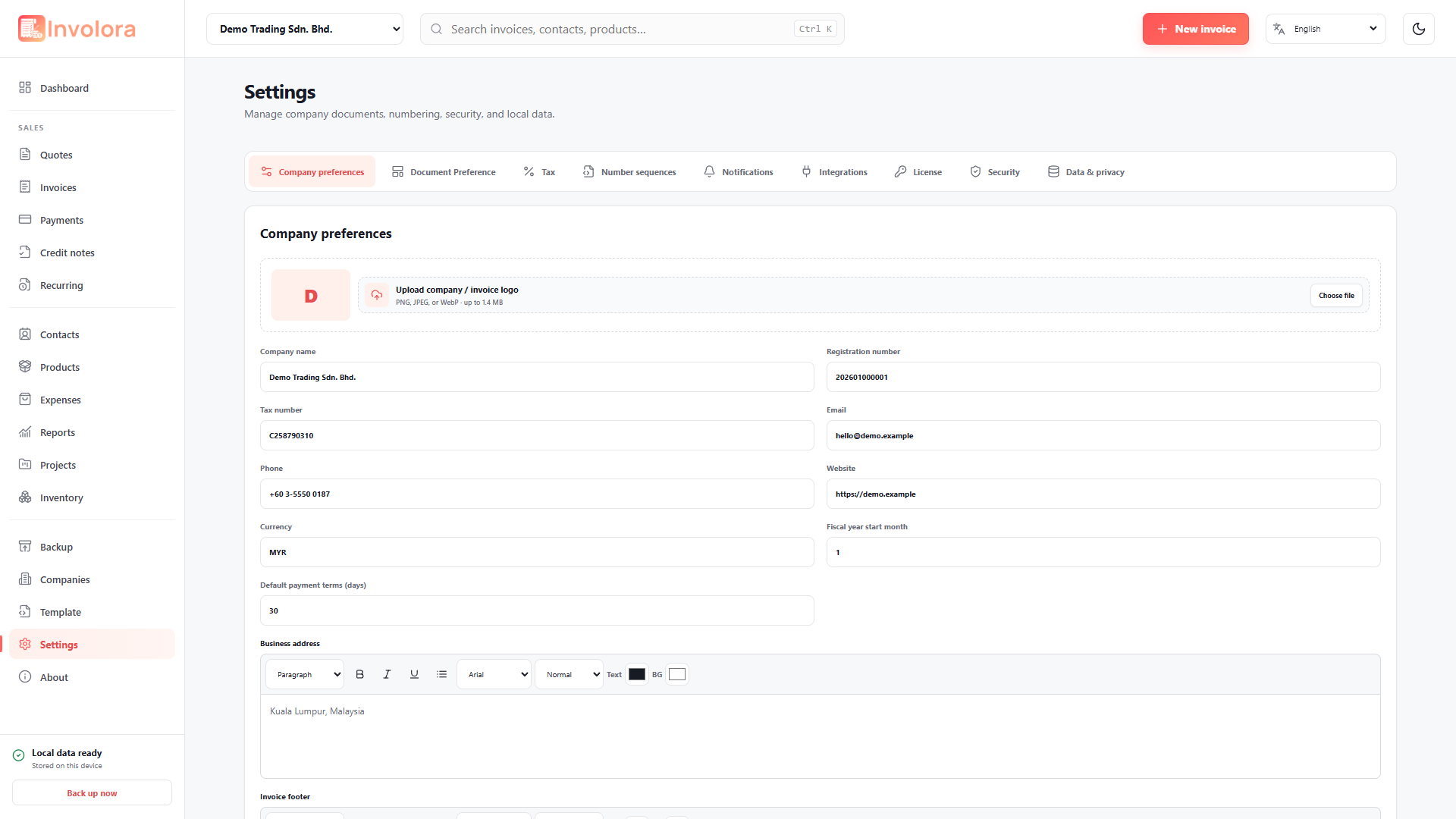 Involora Settings screen. Configure company, documents, tax, numbering, notifications and integrations.