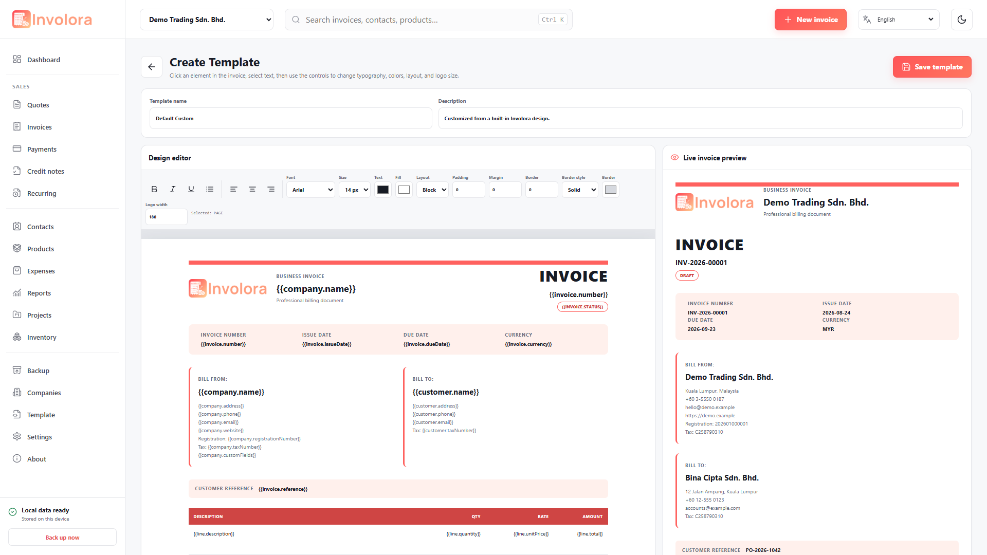 Involora Template editor screen. Edit typography, layout, spacing, branding and live document output.