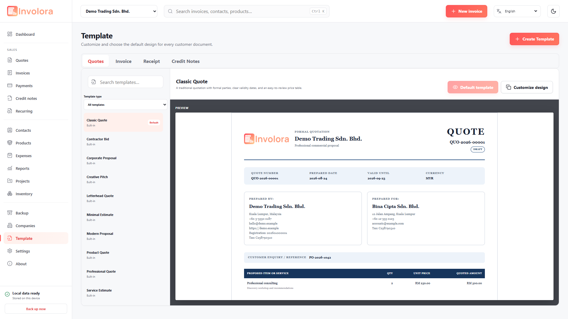 Involora Templates screen. Choose defaults for invoices, quotes, receipts and credit notes.