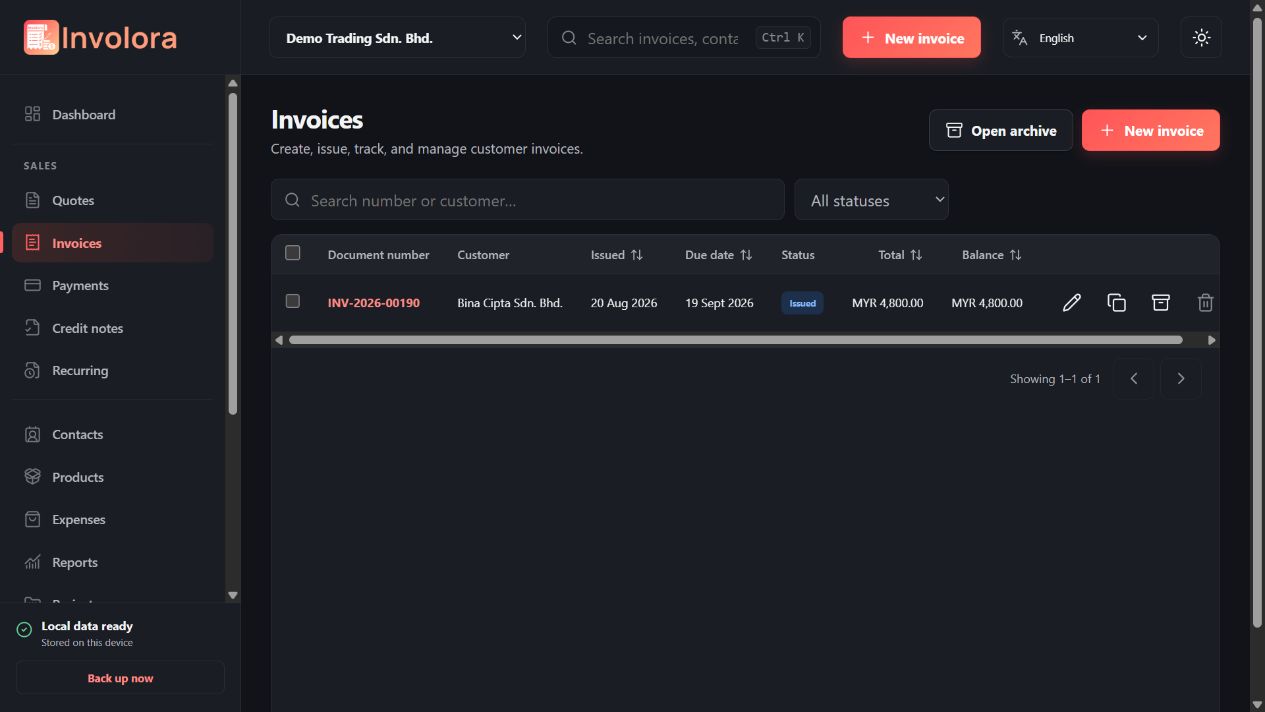 Involora invoice list with statuses, due dates, totals, balances and bulk actions