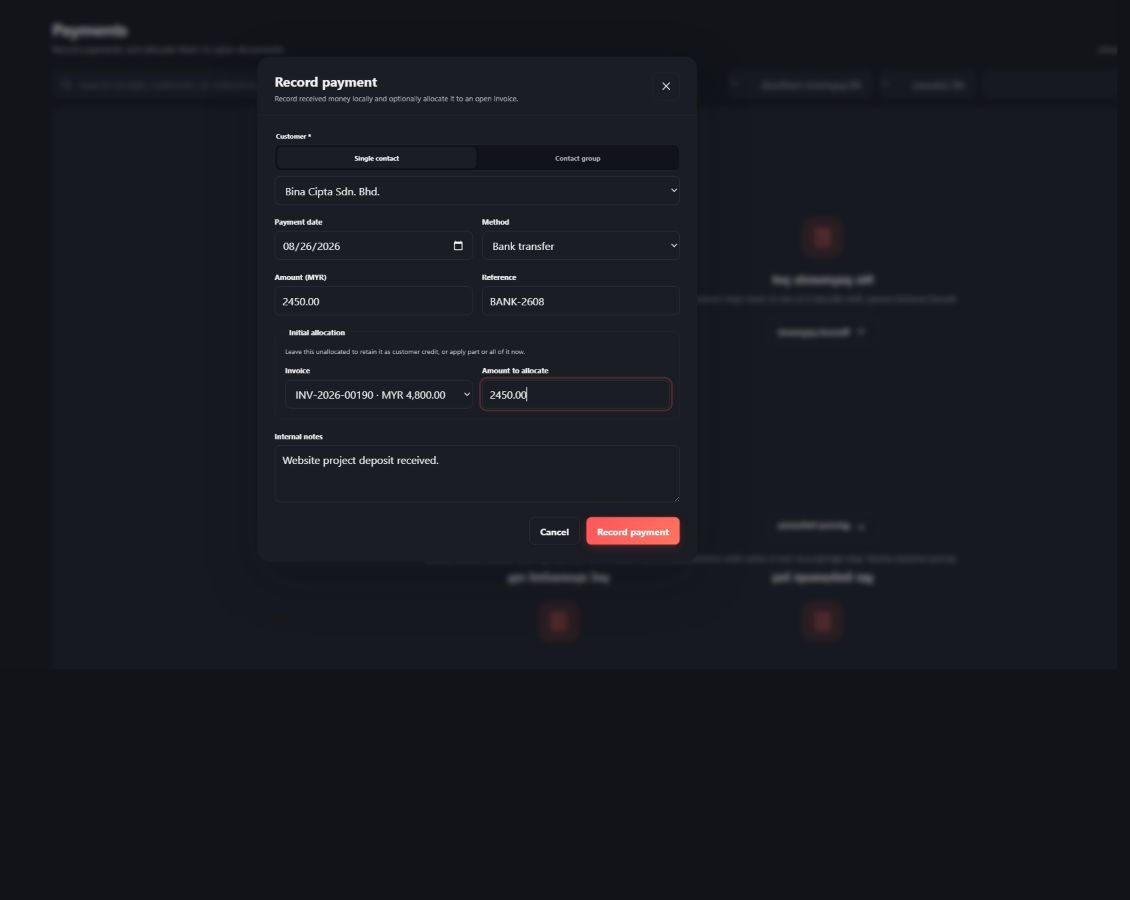Involora payment form allocating a bank transfer to an open invoice