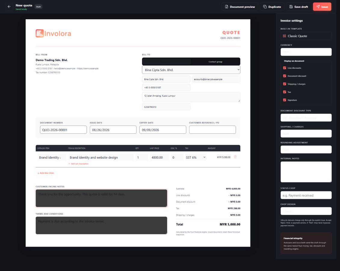 Involora quote editor with customer, line items, tax, total and document settings