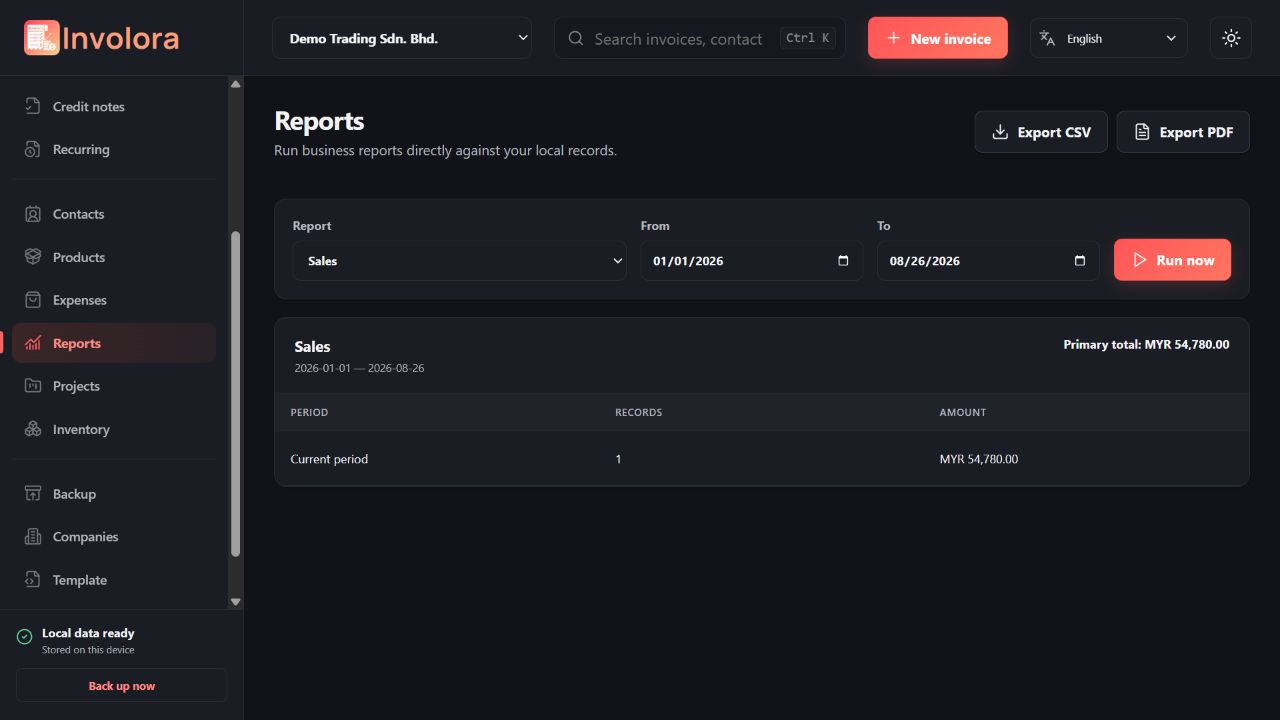 Involora reports workspace showing totals, grouped business data and export controls