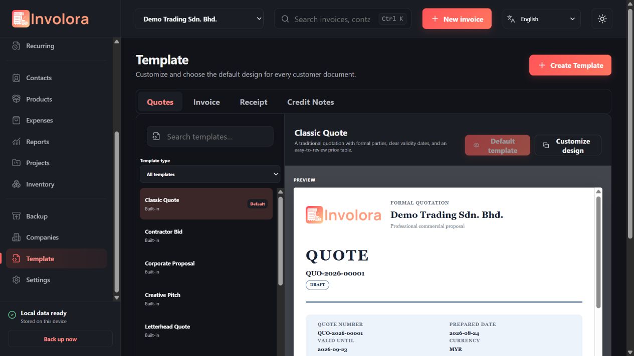 Involora template library with document-specific template previews and controls
